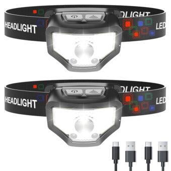 Headlamp Rechargeable, 2-Pack 1200 Lumen Super Bright with White Red LED Head Lamp Flashlight, 12 Modes, Motion Sensor, Waterproof, Outdoor Fishing Camping Running Cycling...