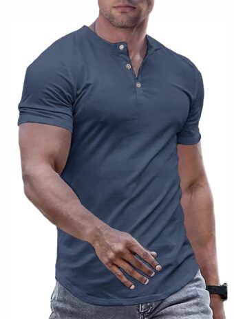 JMIERR Men's Muscle Slim Henley Shirts Crewneck Longline T-Shirt Gym Workout Athletic Shirt Tees with Button