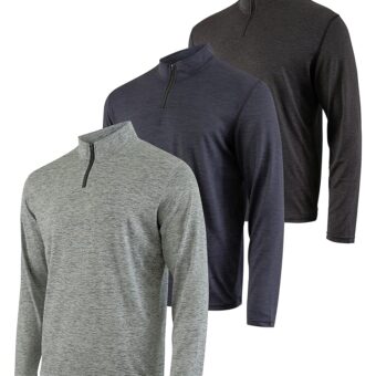 Real Essentials 3 Pack: Men's Dry-Fit Active Quarter Zip Long Sleeve Athletic Performance Pullover (Available in Big & Tall)