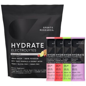 Sports Research Hydrate Electrolytes Powder Packets - Sugar-Free & Naturally Flavored with Vitamins, Minerals, and Coconut Water - Supports Hydration - 16 Packets - Variety Pack