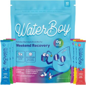 Waterboy Weekend Recovery Sample Pack | 3,200mg Electrolyte Powder Packets | Ginger + L-Theanine + Vitamins | No Sugar, All Natural, Gluten Free | 12 Drink Stick Mixes (Sample...