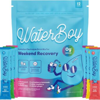 Waterboy Weekend Recovery Sample Pack | 3,200mg Electrolyte Powder Packets | Ginger + L-Theanine + Vitamins | No Sugar, All Natural, Gluten Free | 12 Drink Stick Mixes (Sample...